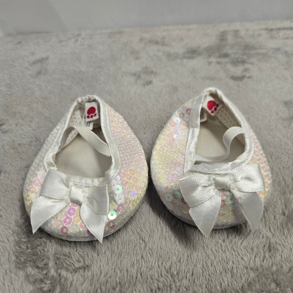 Build-A-Bear White Iridescent Sequin Ballet Flat Shoes with Bows BAB Accessory